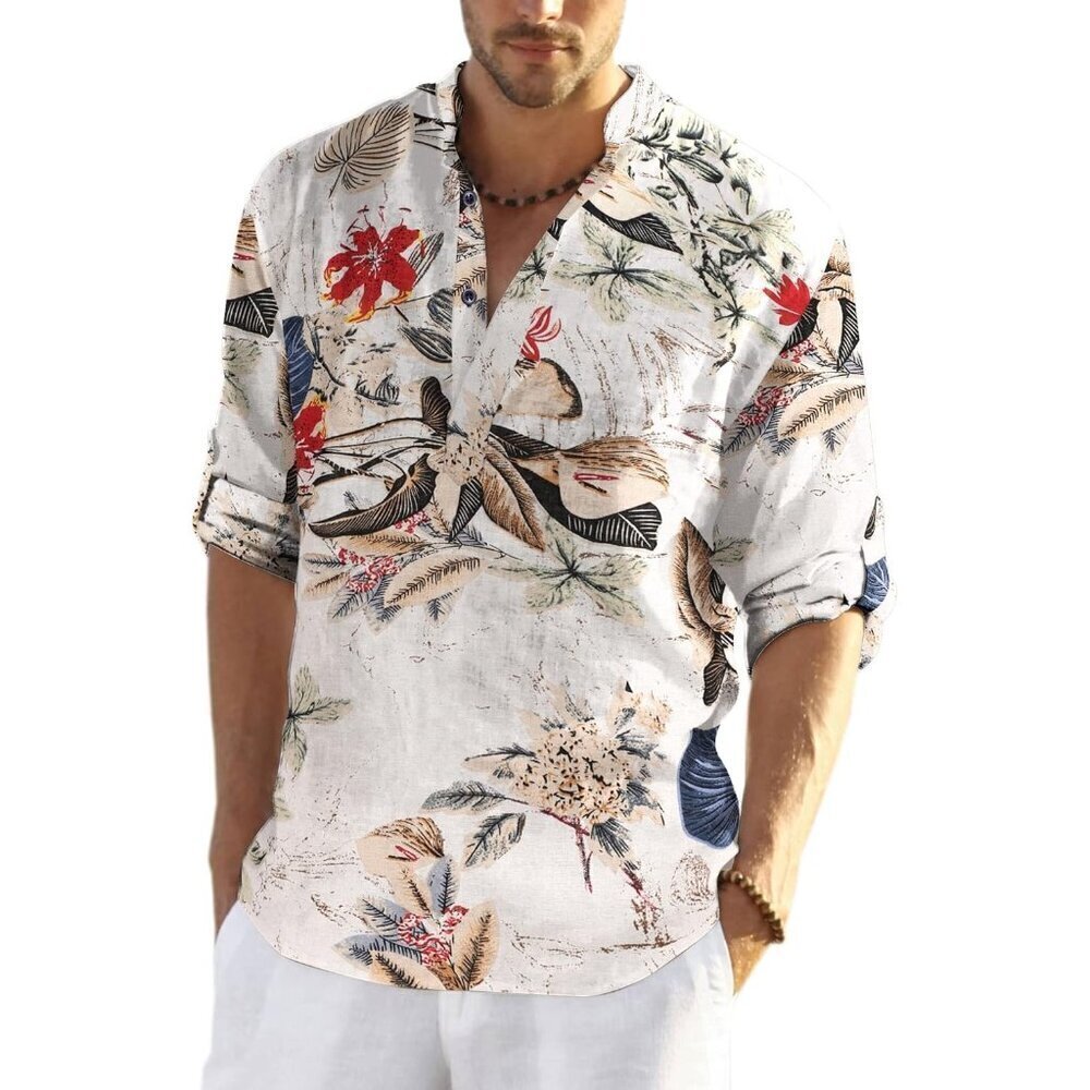 Men's White Cotton Linen Henley Shirt Long Sleeve Hippie Casual Beach T Shirts